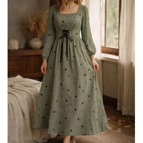 Sage Green Botanical Maxi Dress Corset Waist Cottagecore Small - Picture 1 of 6